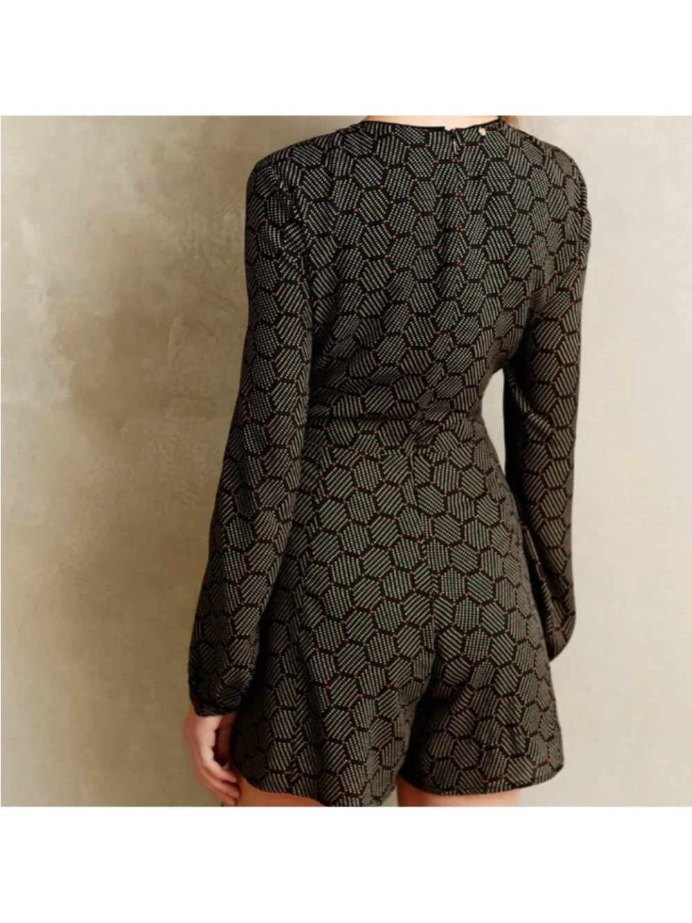 Anthropologie Harlyn Honeycomb Print Long-Sleeve Romper in Black & Cream - Picture 5 of 16
